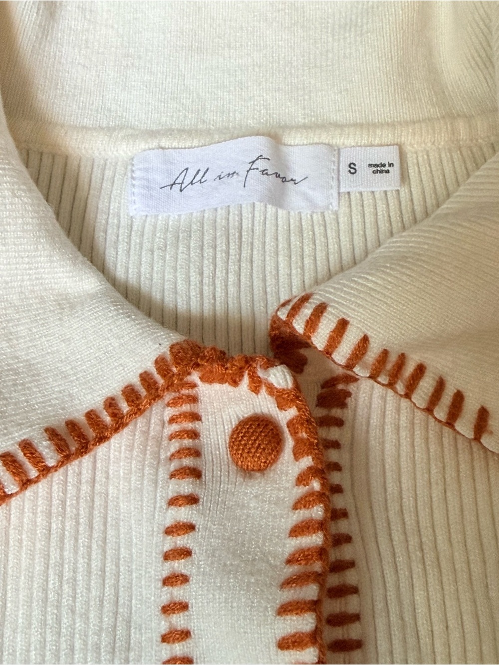 Cream Knit Cardigan with Orange Trim - Sz S - Picture 5 of 10
